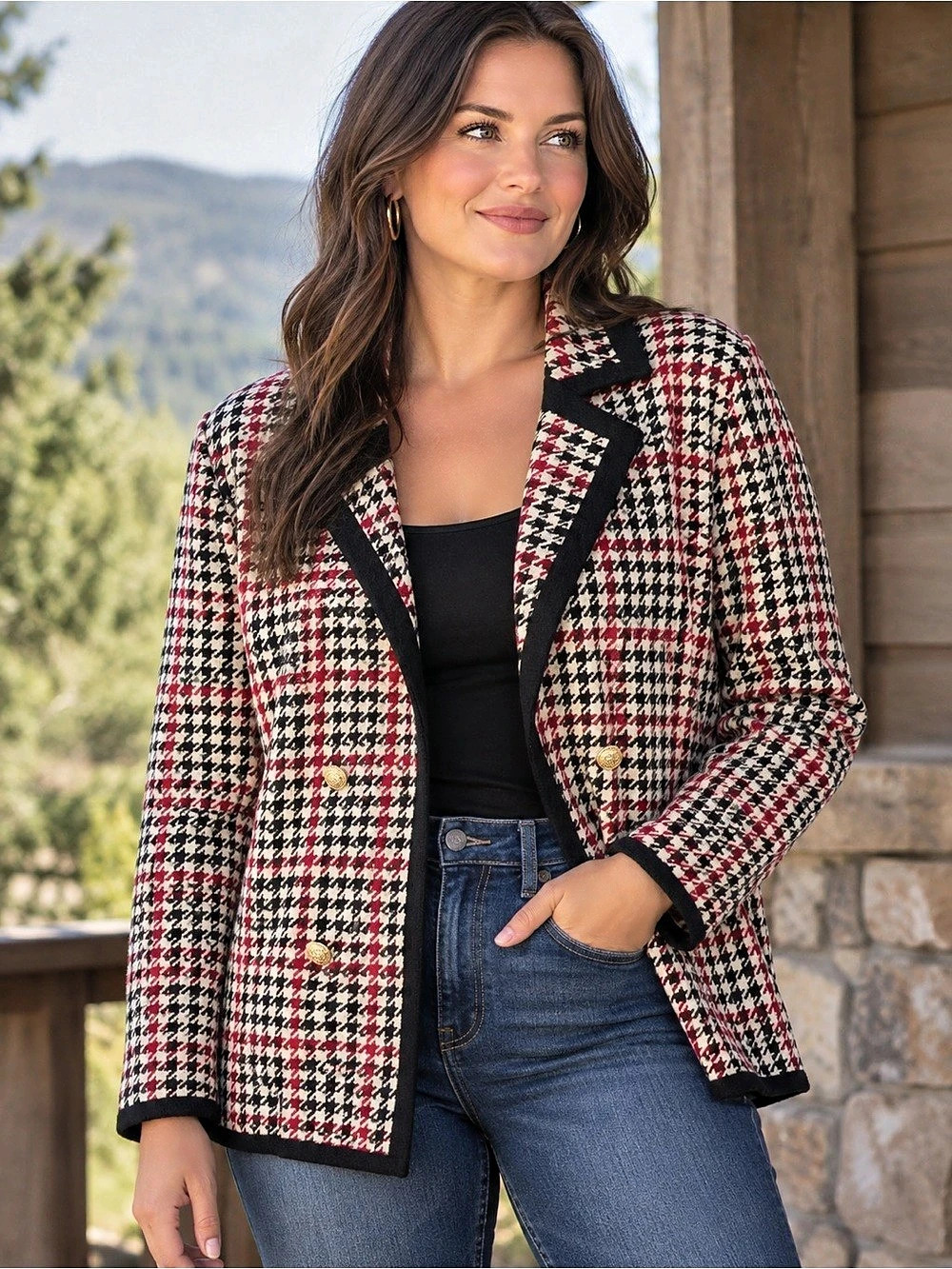 Anne Klein Houndstooth Sweater Blazer in Red & Black XL Like New